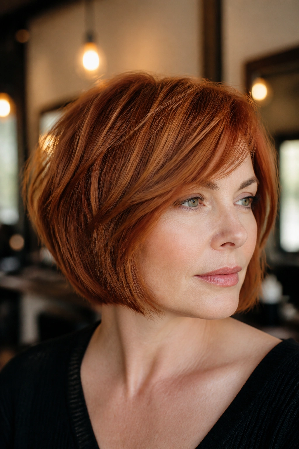 Real woman with copper-strawberry textured bob and micro layers in warm light.