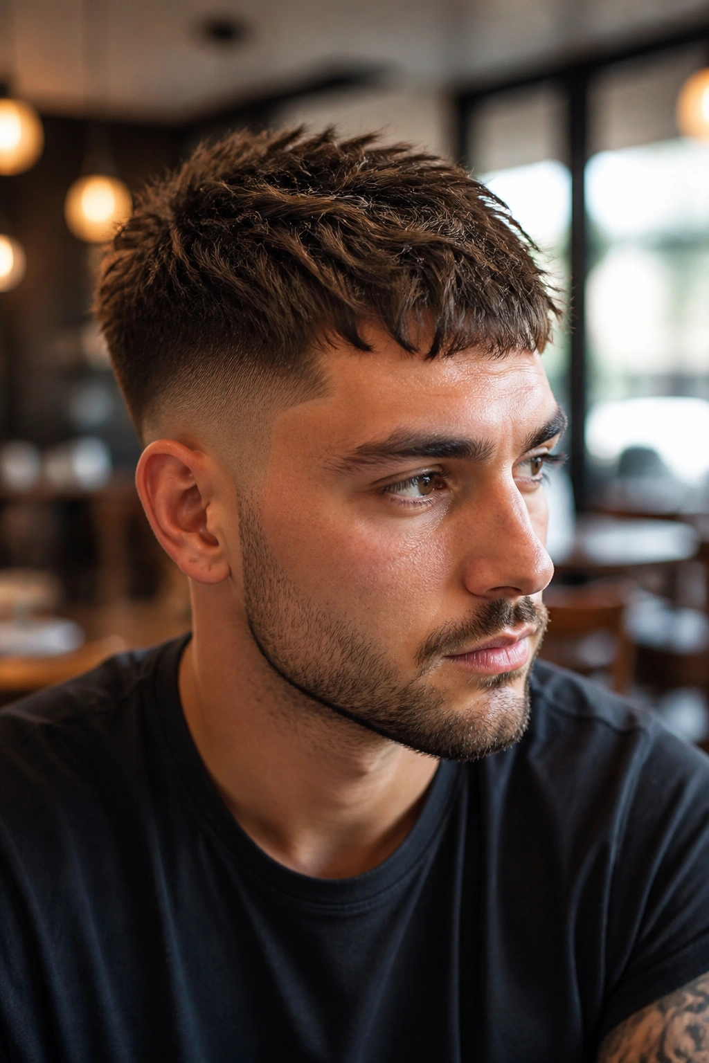 Close-up portrait of a man with a textured crop hairstyle showing movement
