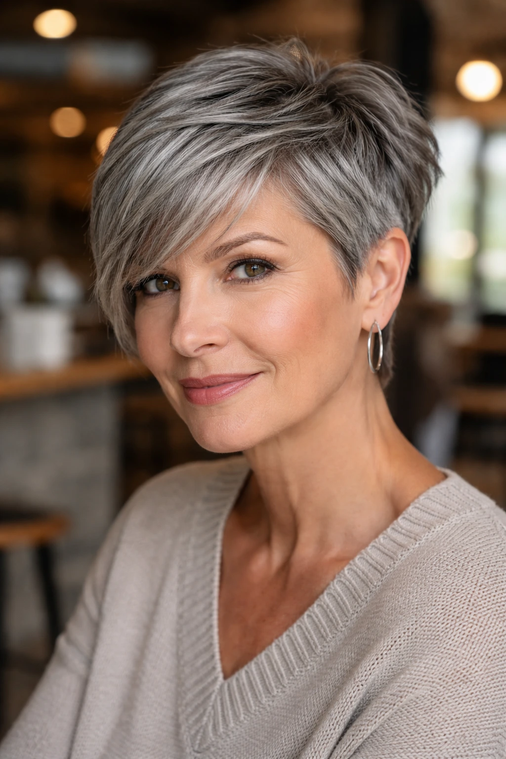 Real woman with textured crop and side-swept bangs in grey hair