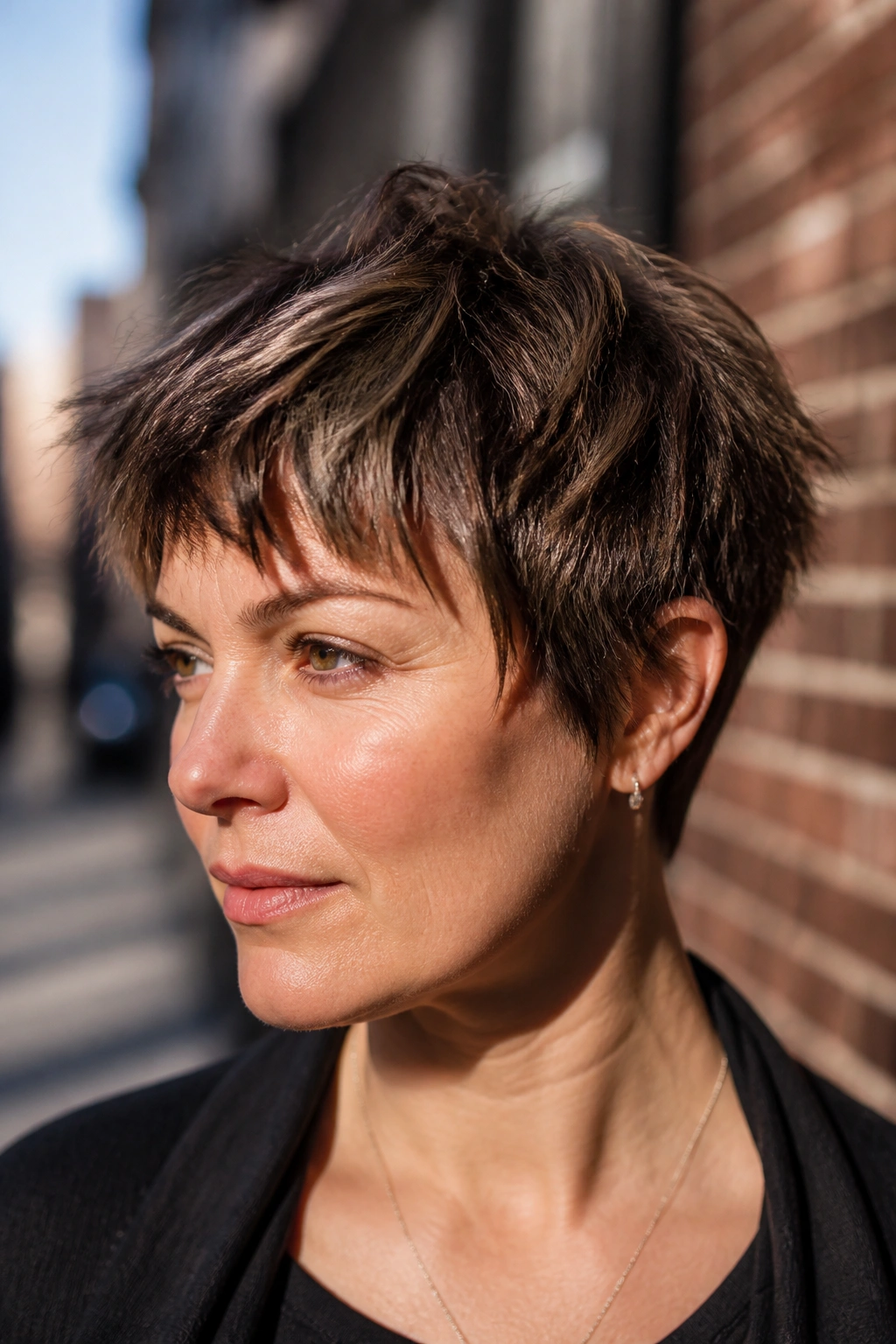 Close-up of a woman with a textured crop and choppy ends in urban sunlight