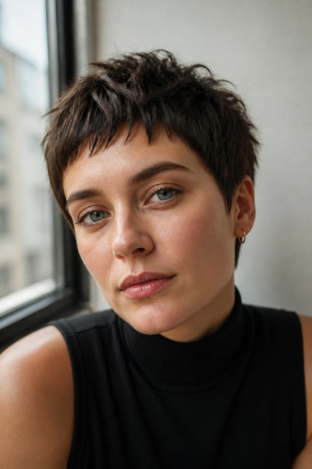 Close-up of a real woman with a textured crop and choppy fringe.
