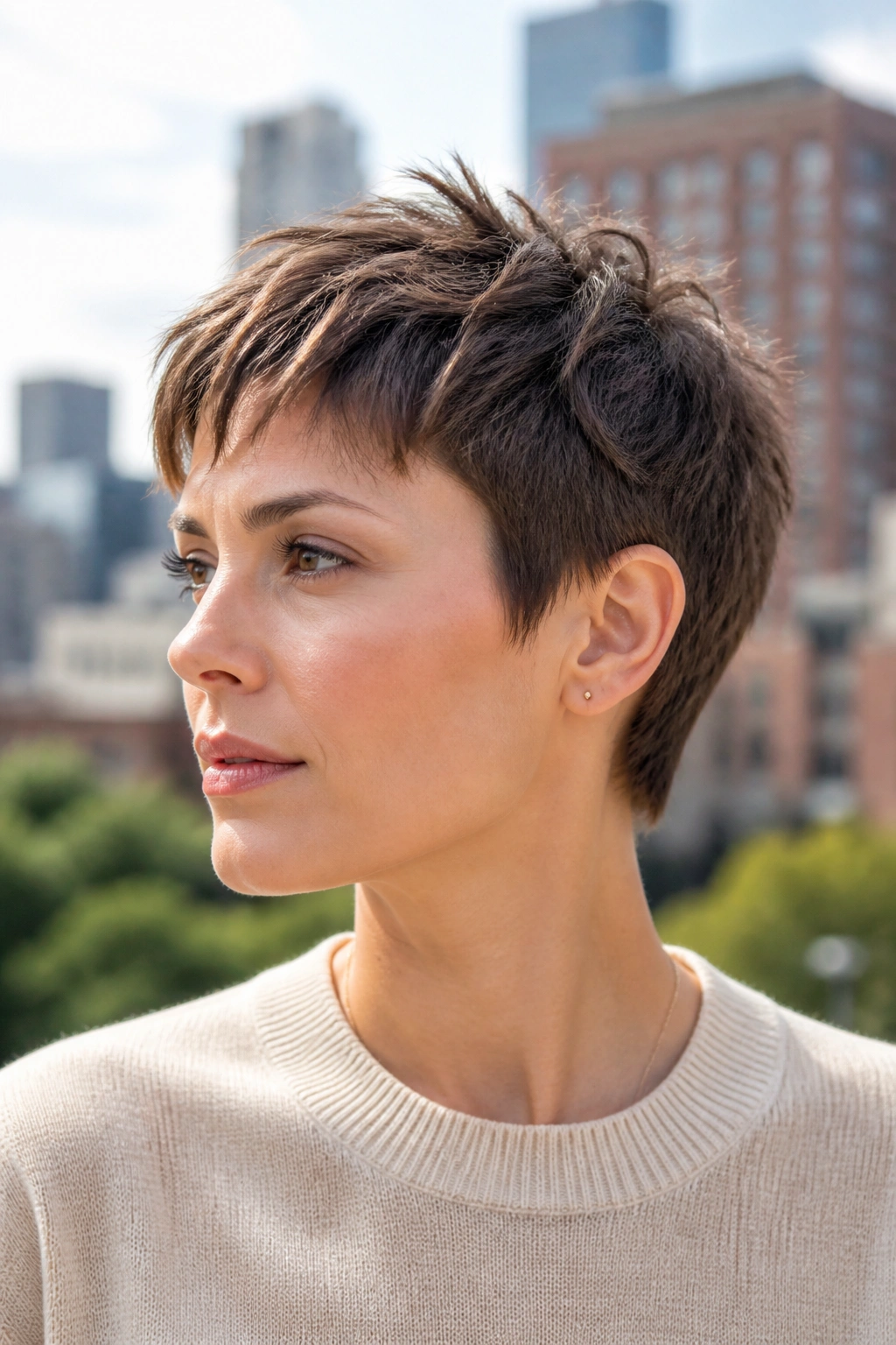 Real woman with textured crop and choppy top, outdoors in urban setting.