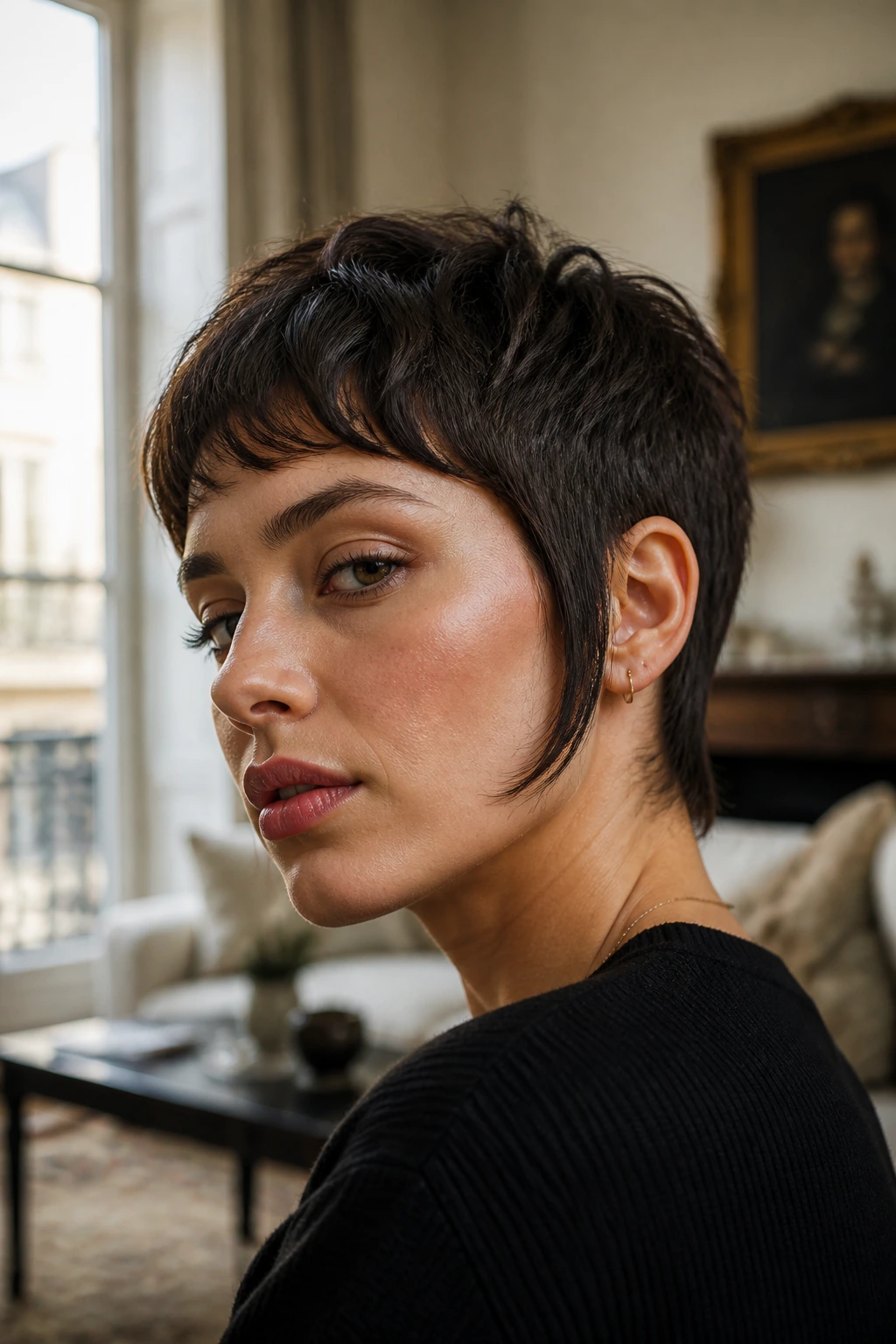 Close-up portrait of a real woman with a short textured crop and elongated sideburns
