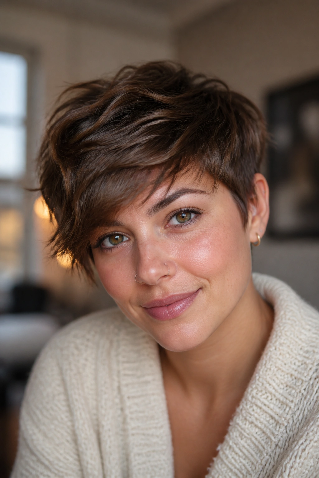 Close-up portrait of a real person with a textured crop and swept fringe.