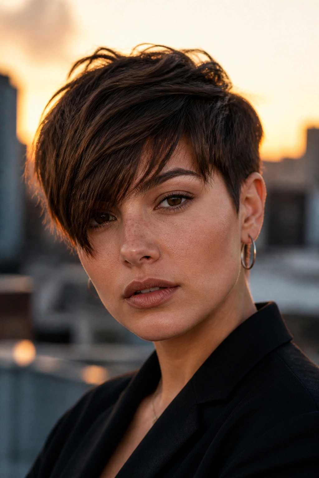 Close-up of a real woman with a textured crop and long fringe on the brow at golden hour.