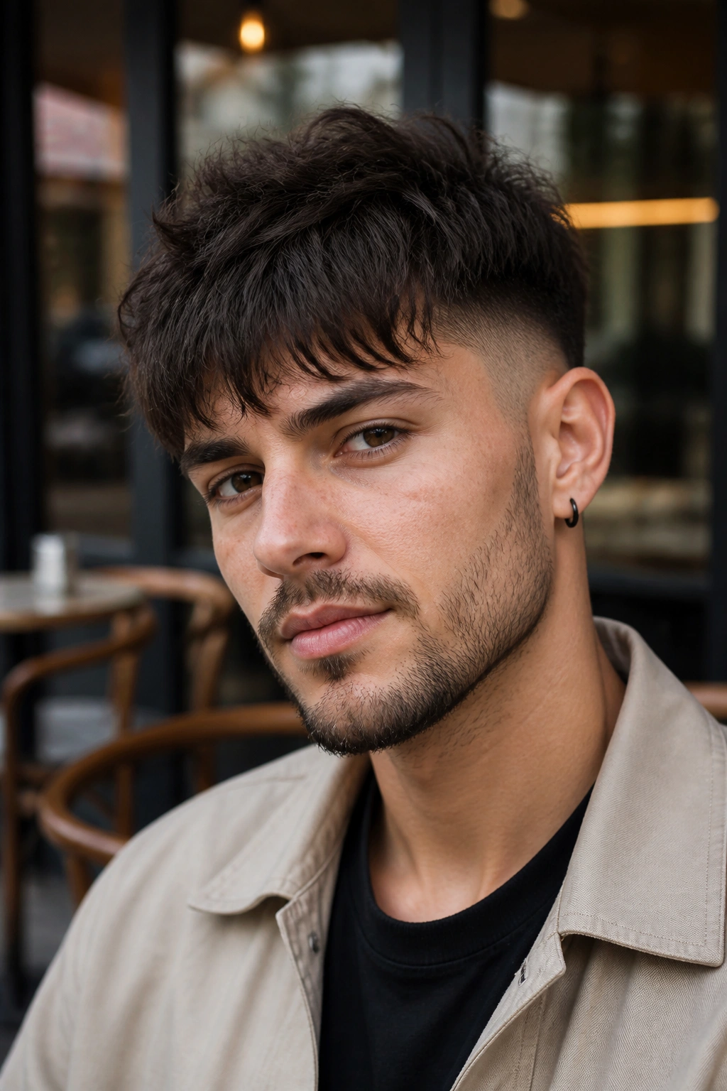 Close-up portrait of a real person with textured crop and soft fringe