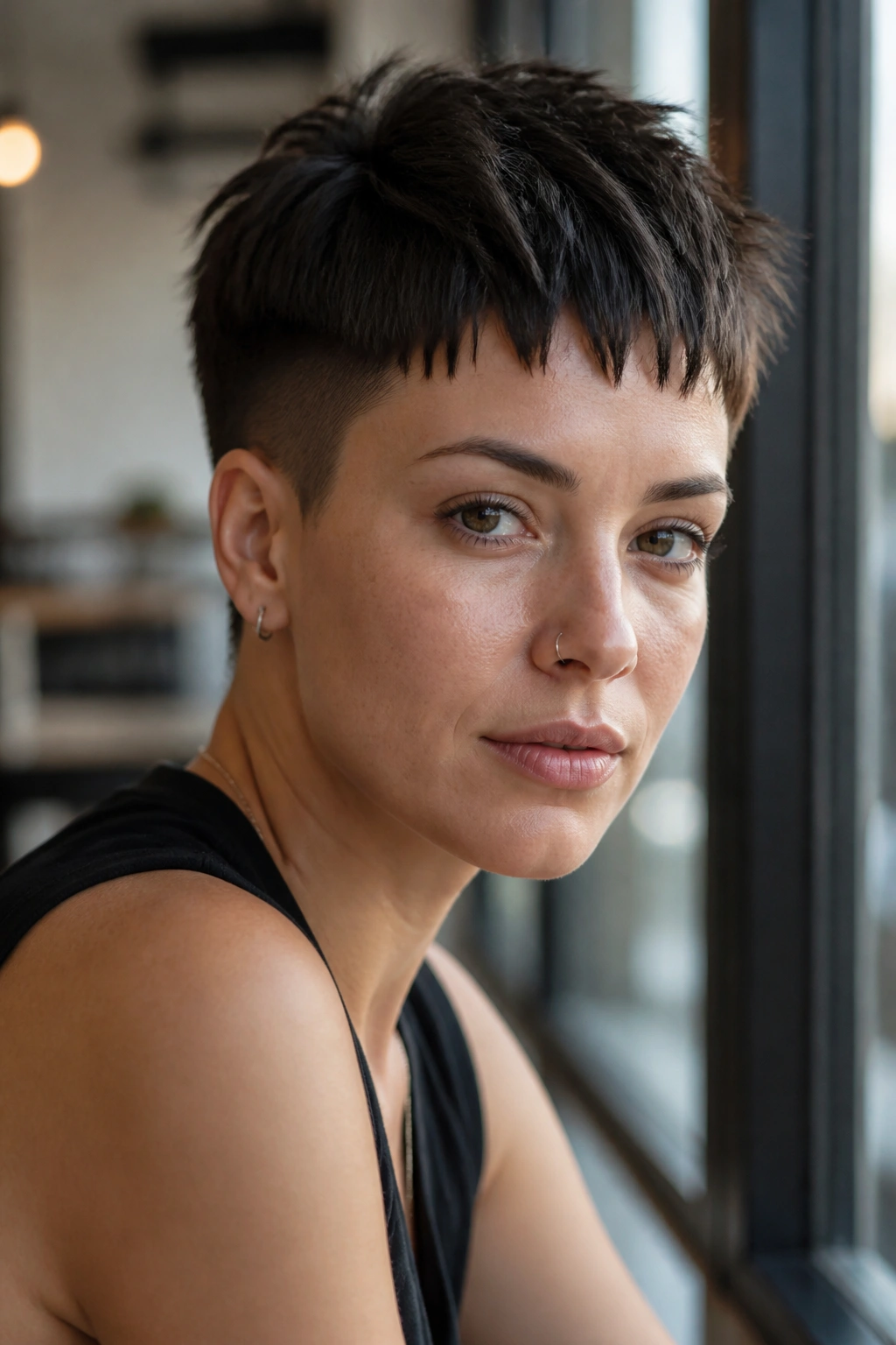 Close-up portrait of a woman with textured French crop and choppy fringe in cafe light.