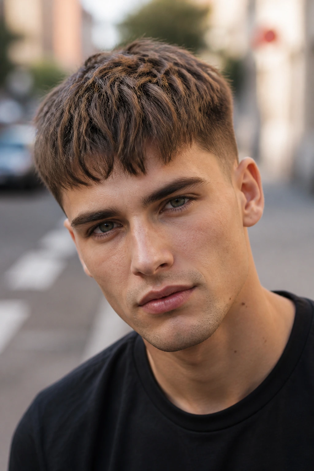 Real man with textured crop fringe, front choppy fringe