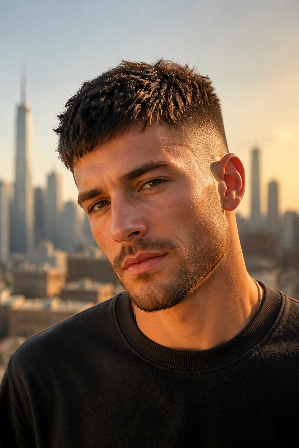 Close-up portrait of a man with a textured crop in golden-hour rooftop lighting