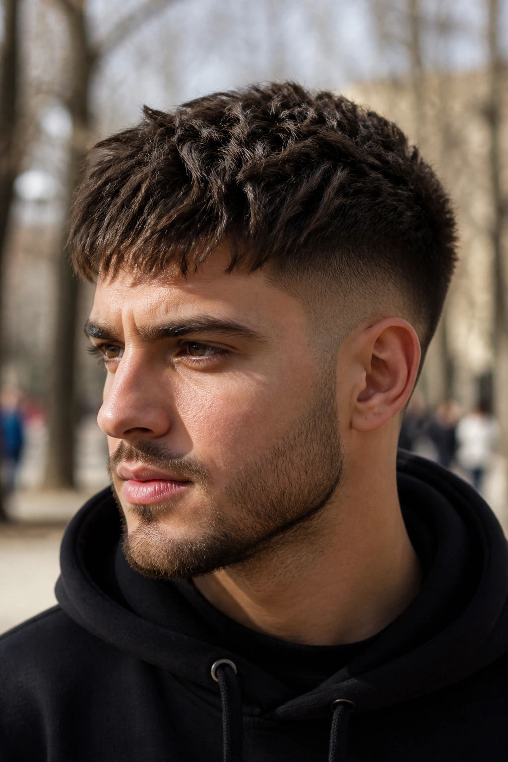 Close-up of a man with a textured crop showing jagged, choppy top.
