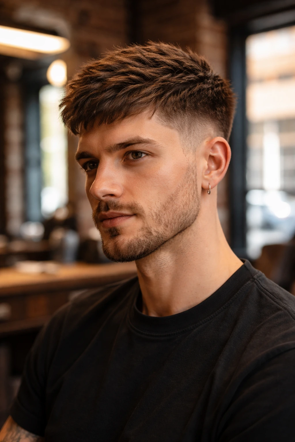 Close-up portrait of man with classic textured crop in barbershop lighting