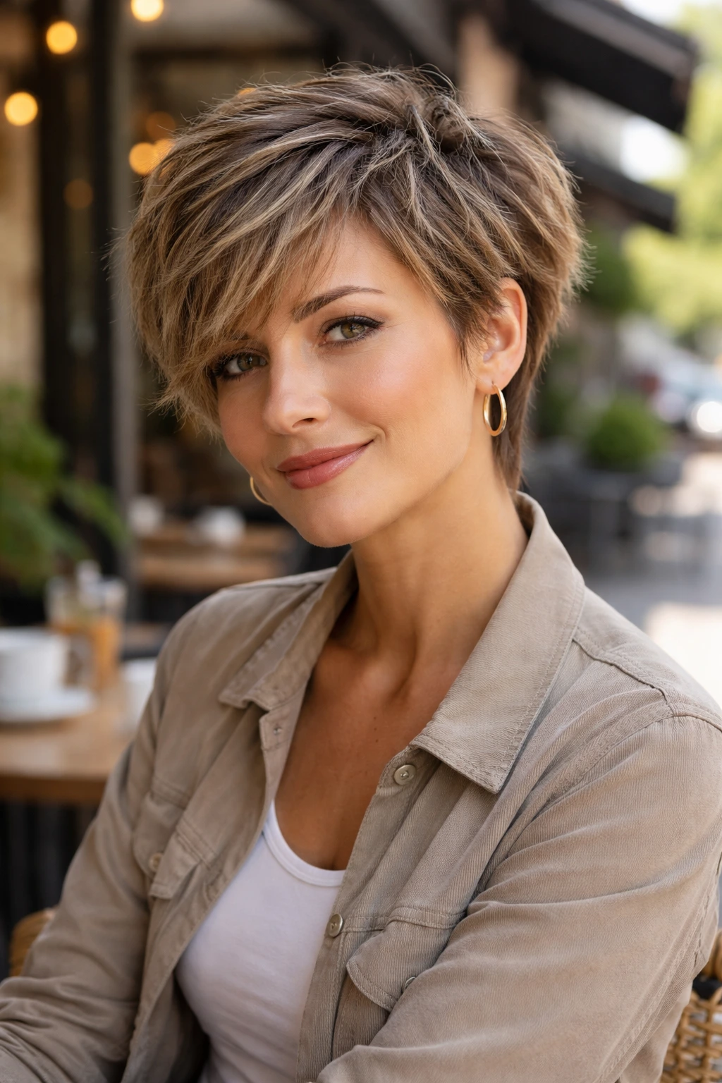 Close-up of a real woman with a textured cropped hairstyle in daylight