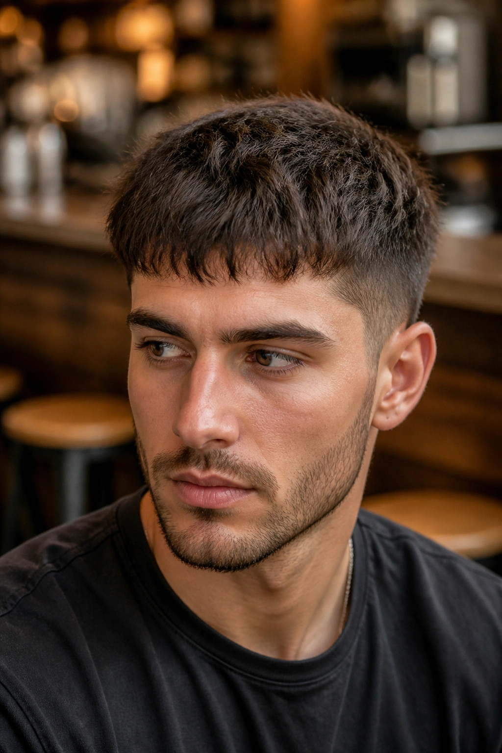 Close-up of a man with a textured crop in a cozy cafe