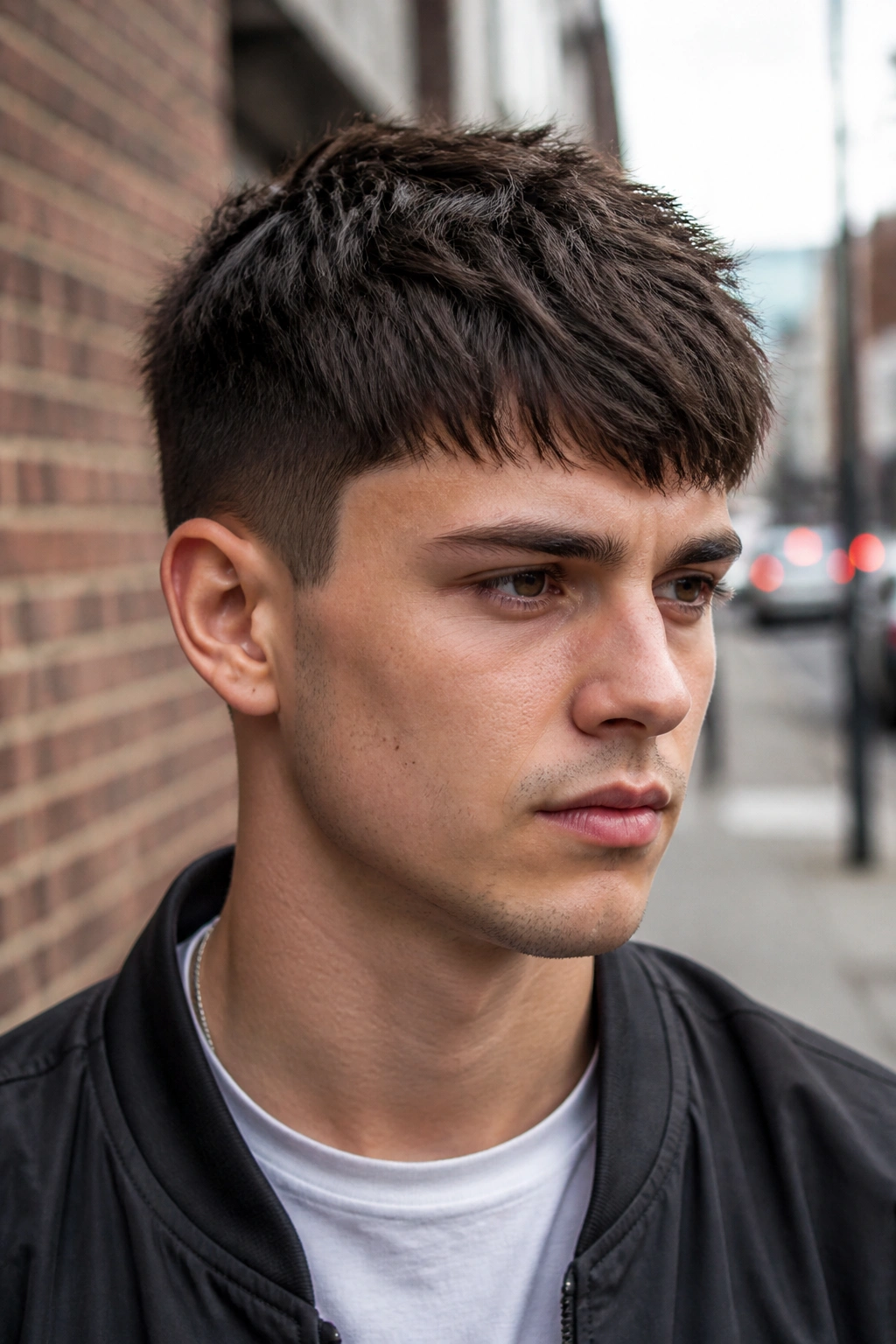 Close-up of a man with a textured crop and layered top in urban setting