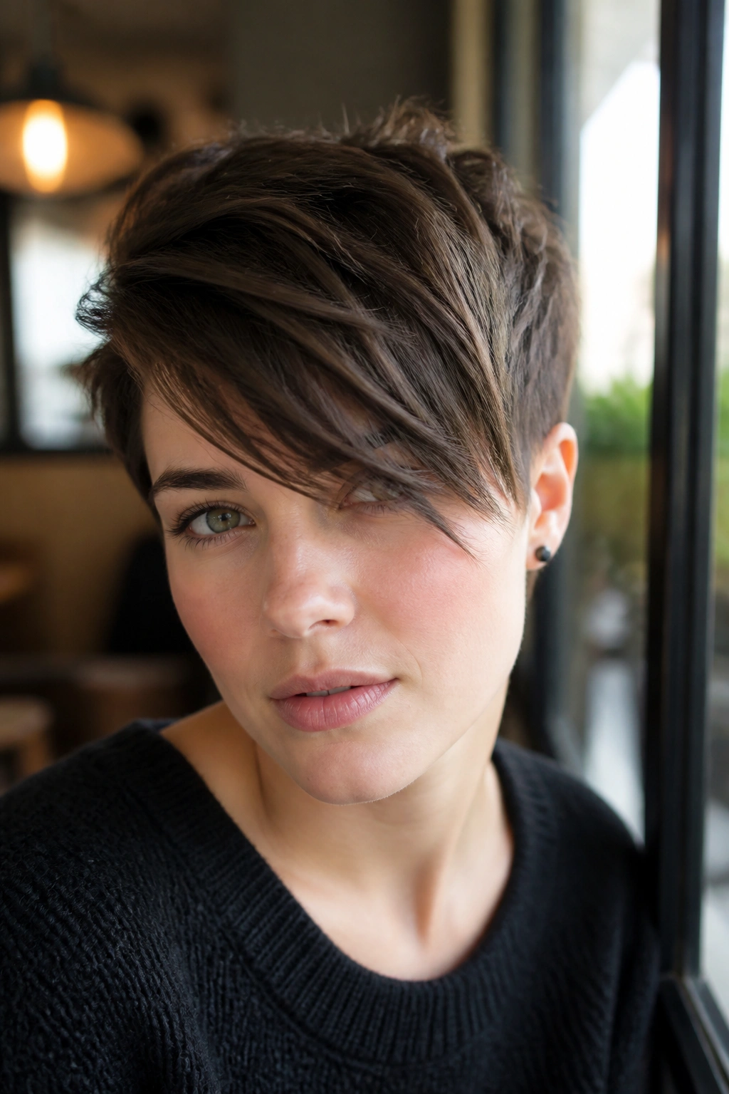 Close-up portrait of a real person with a long-fringe textured crop in a cafe setting
