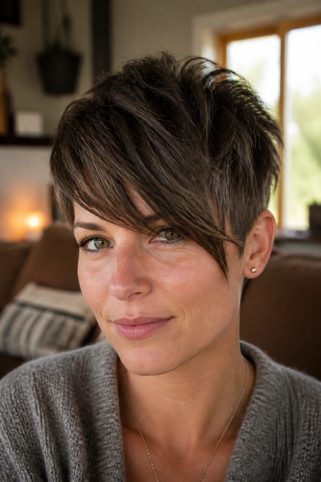 Close-up of a real woman with a textured crop and a long fringe