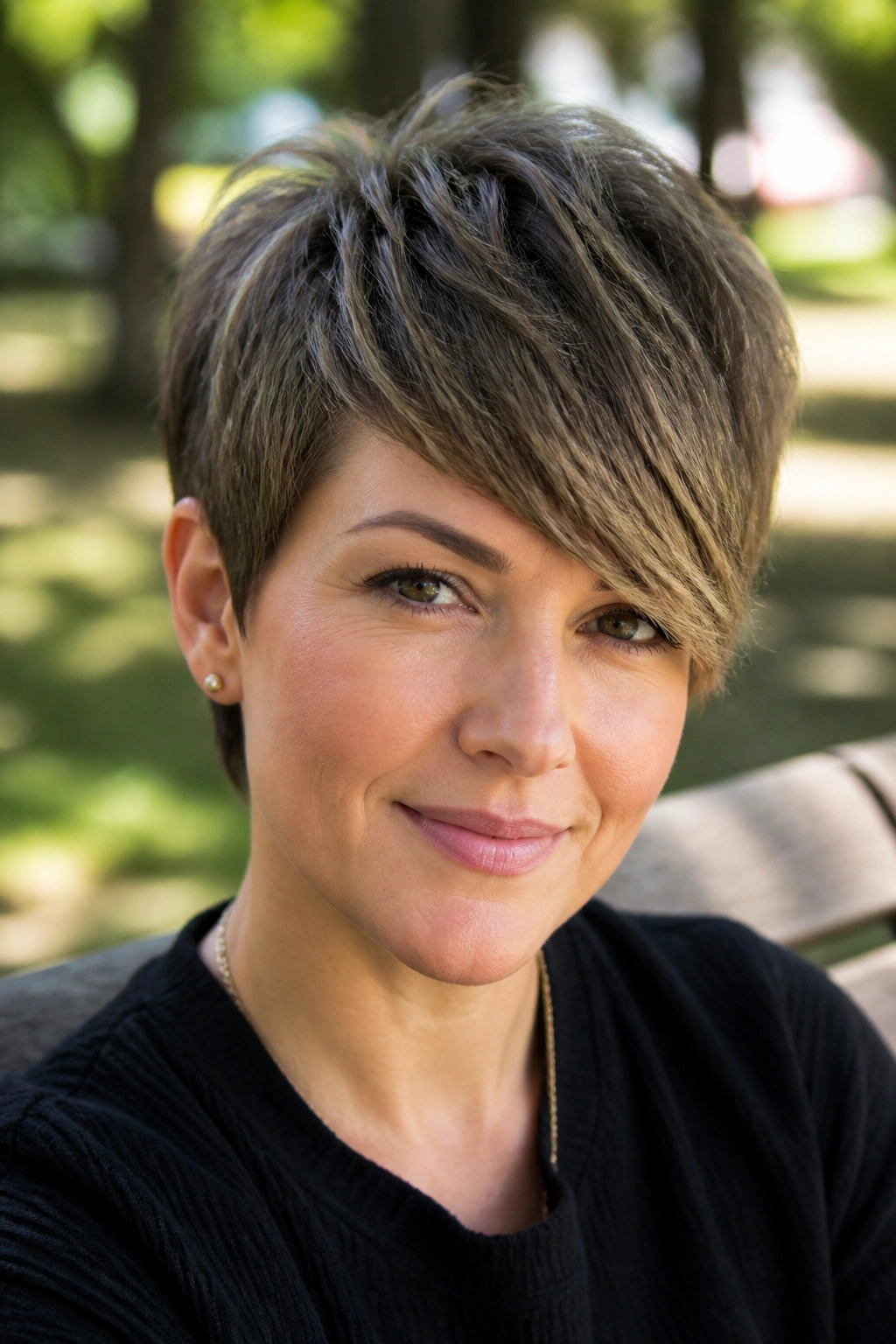 Close-up portrait of a woman with textured crop and long side fringe