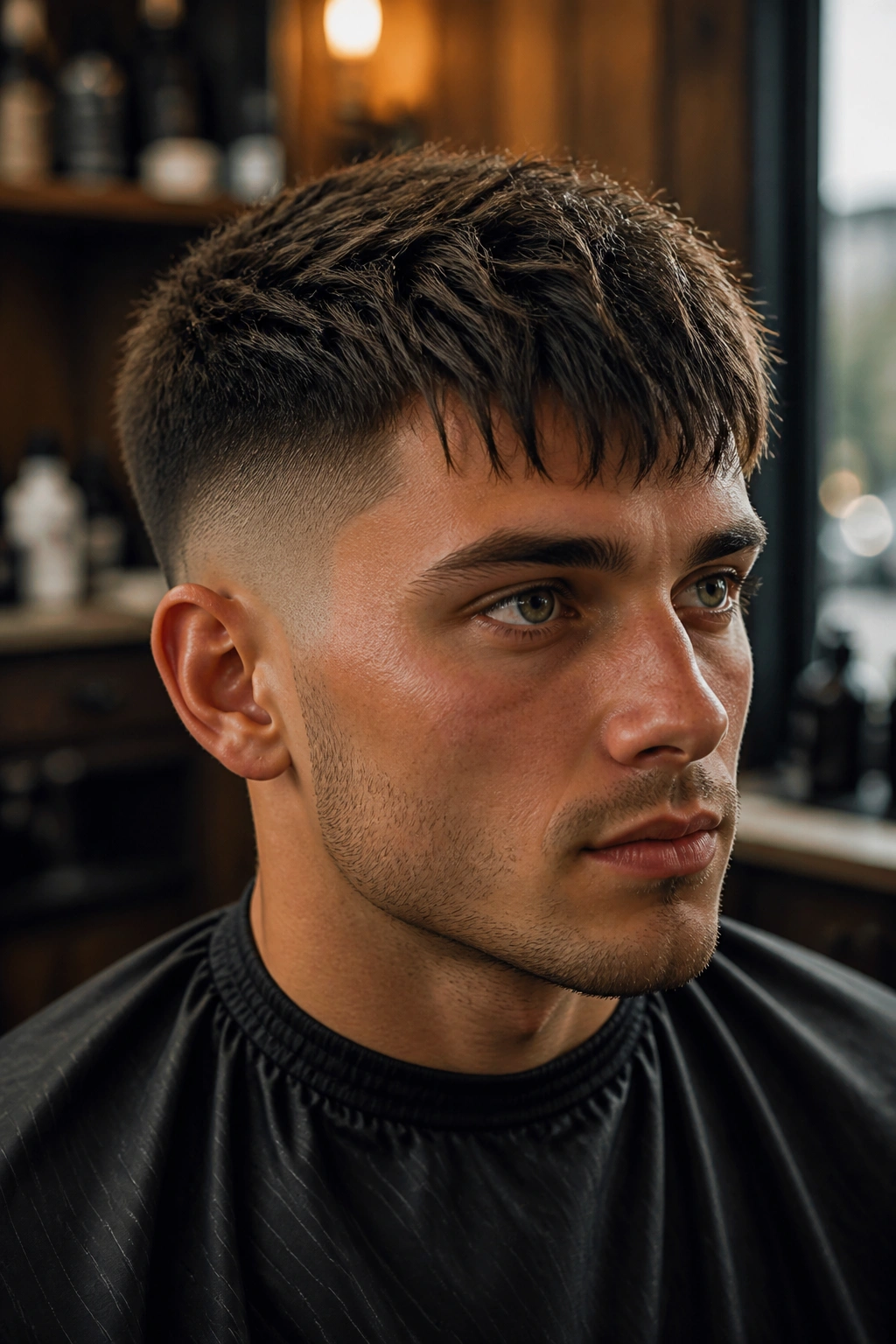 Close-up portrait of a man with a textured crop and low fade highlighting choppy top layers
