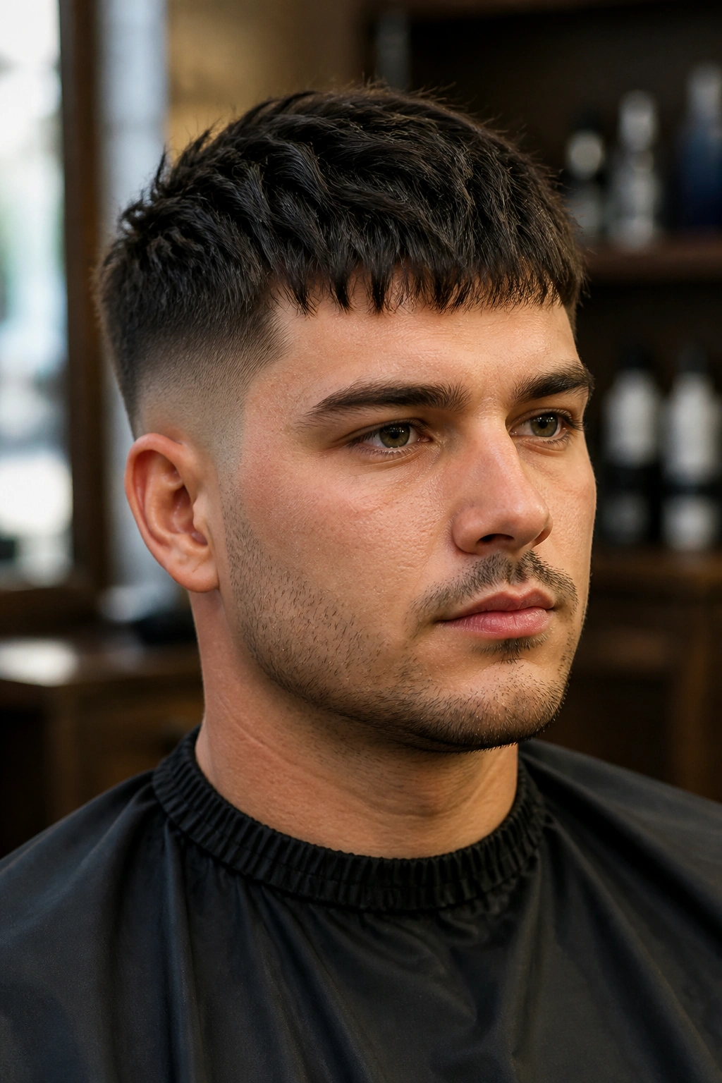 Close-up portrait of a man with textured crop and low fade in a warm barber shop