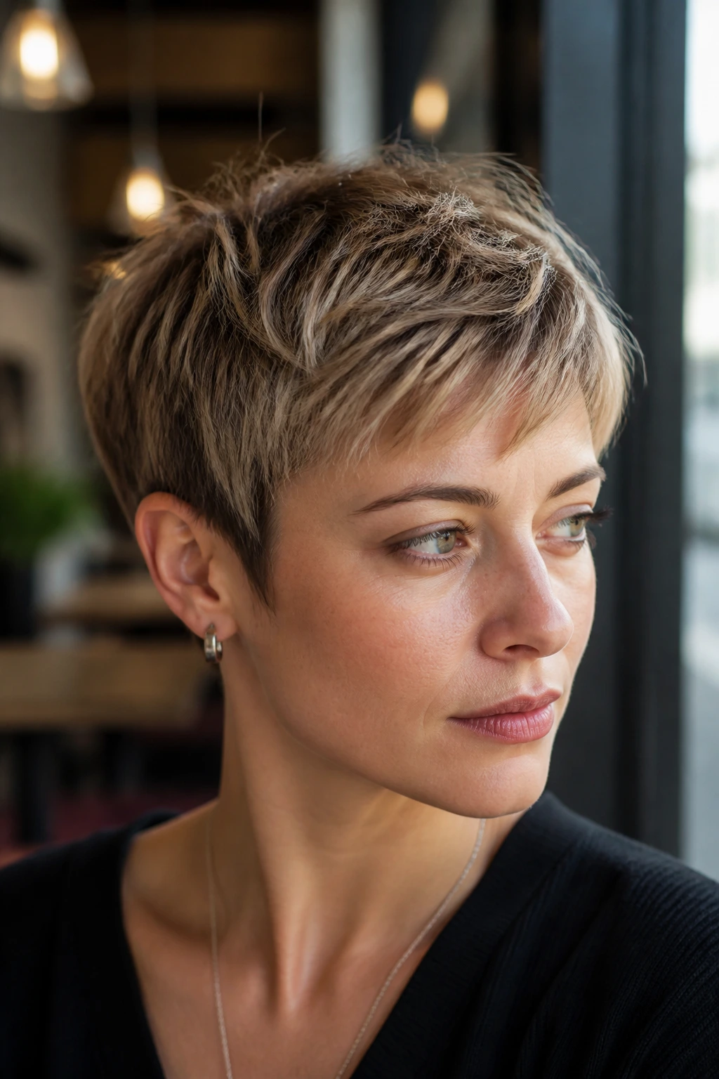 Close-up portrait of a real woman with a textured crop and micro layers