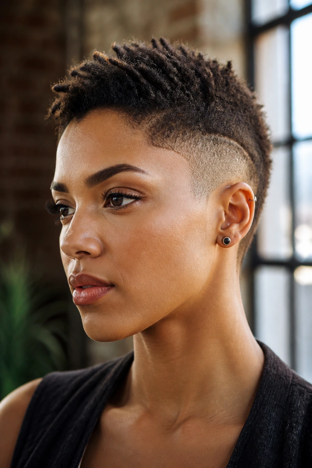 Close-up portrait of real person with textured matte crop mohawk