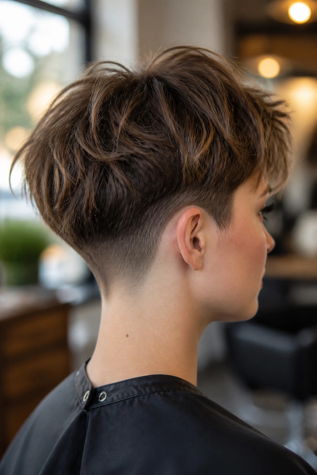 Close-up portrait of a real person with a textured crop and nape undercut in a salon setting.