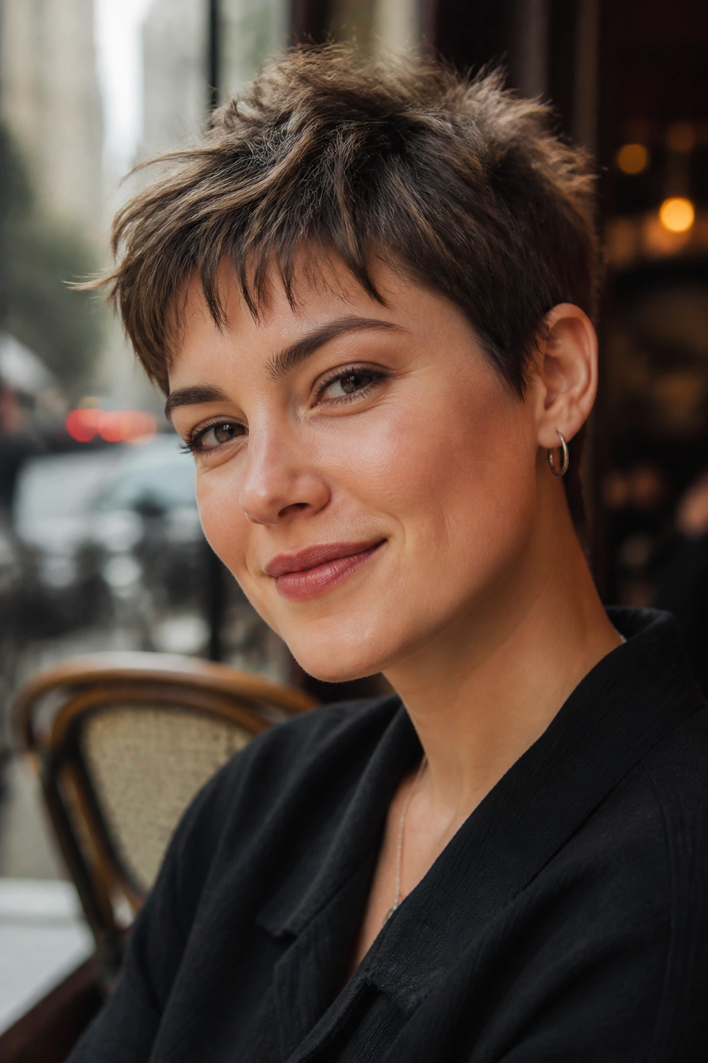 Close-up of a real person showing a textured crop with piecey fringe.