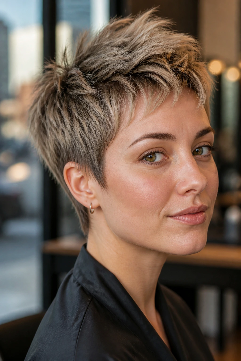 Close-up portrait of a real person with a textured crop hairstyle in a warm salon