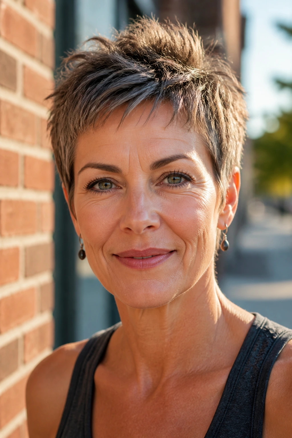 Close-up of a woman with a short textured crop against brick wall