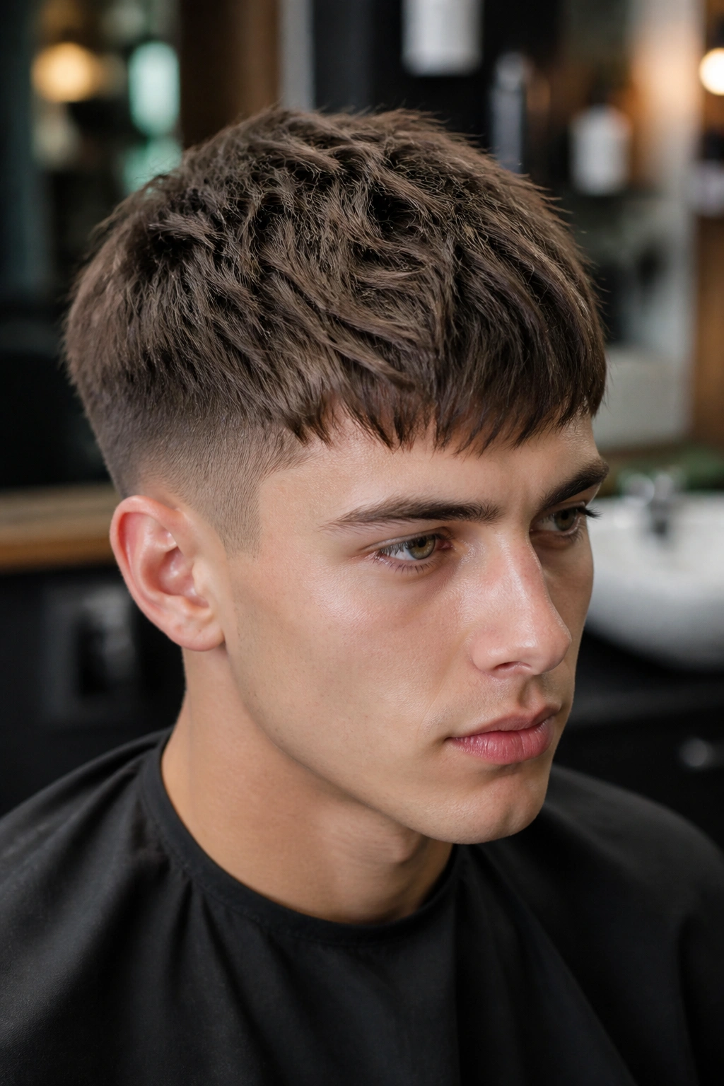 Close-up of a man with a textured crop hairstyle in a salon