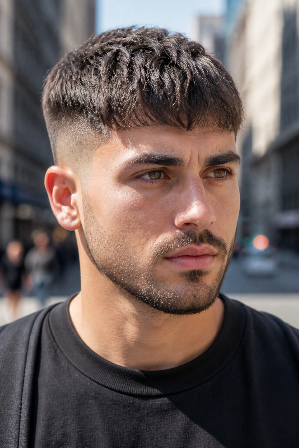 Close-up portrait of a man with a textured crop on a city street