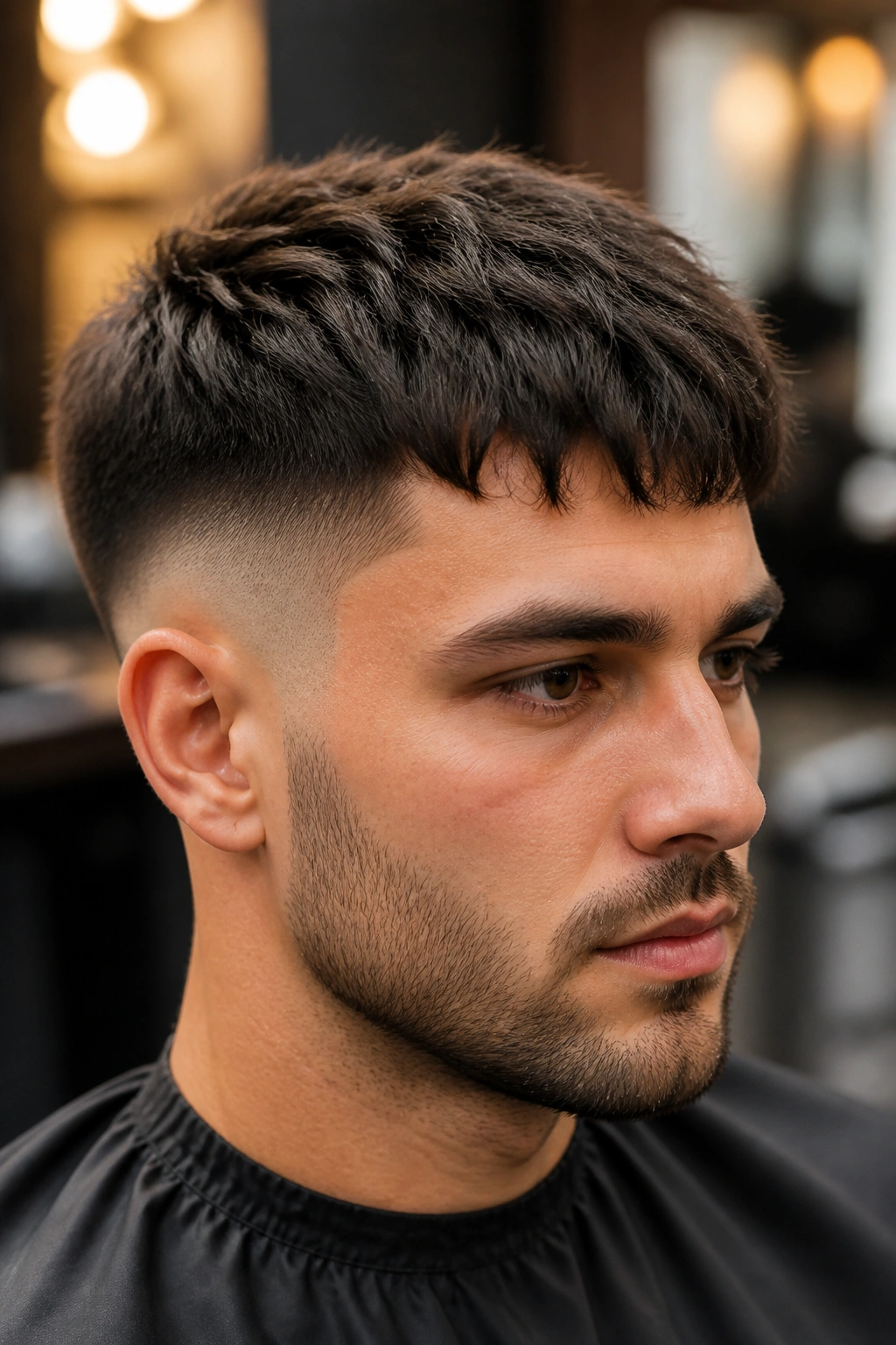 Close-up of a man with textured crop and shadow fade in a warm barbershop setting