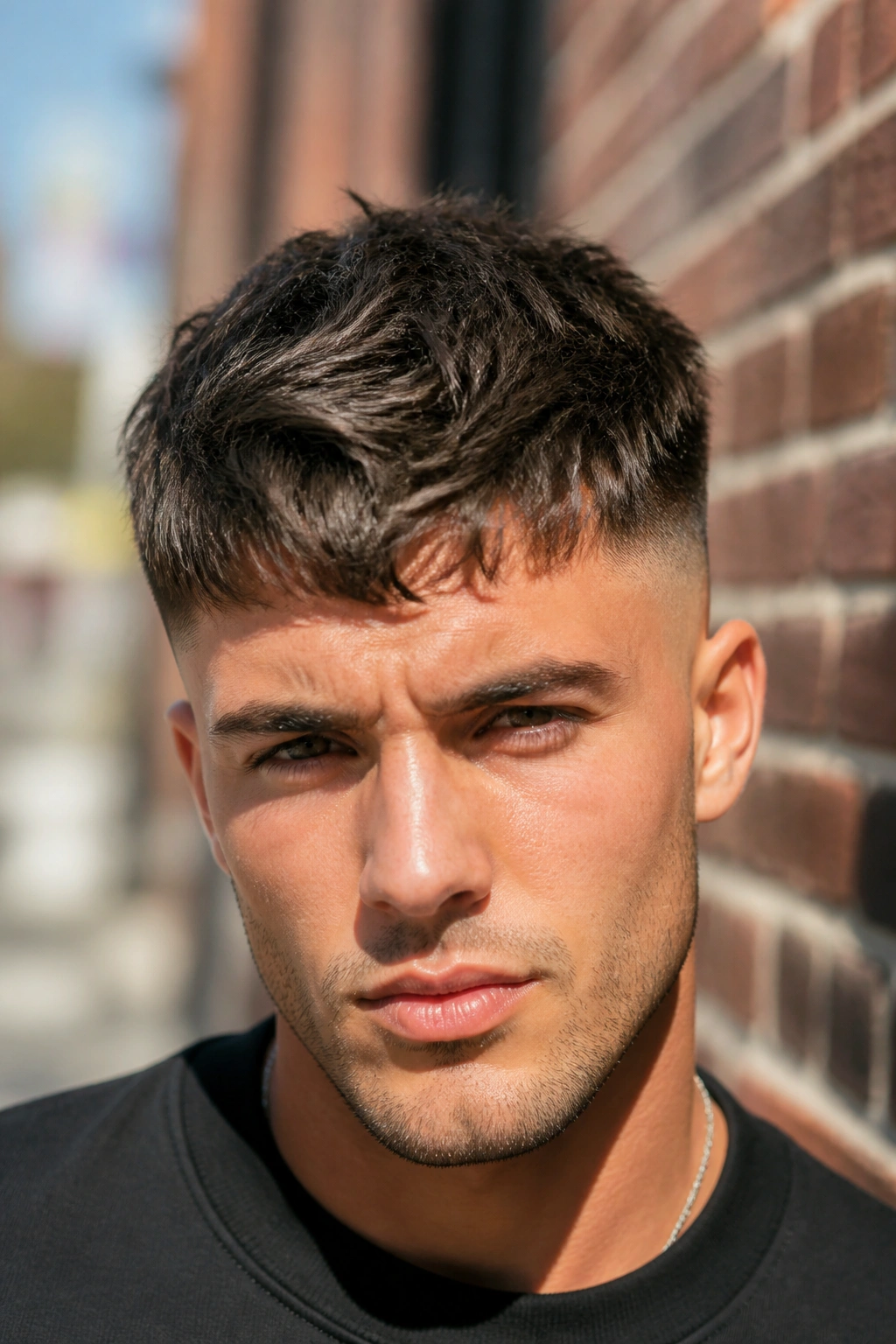 Close-up of real person with a short textured crop against urban brick wall