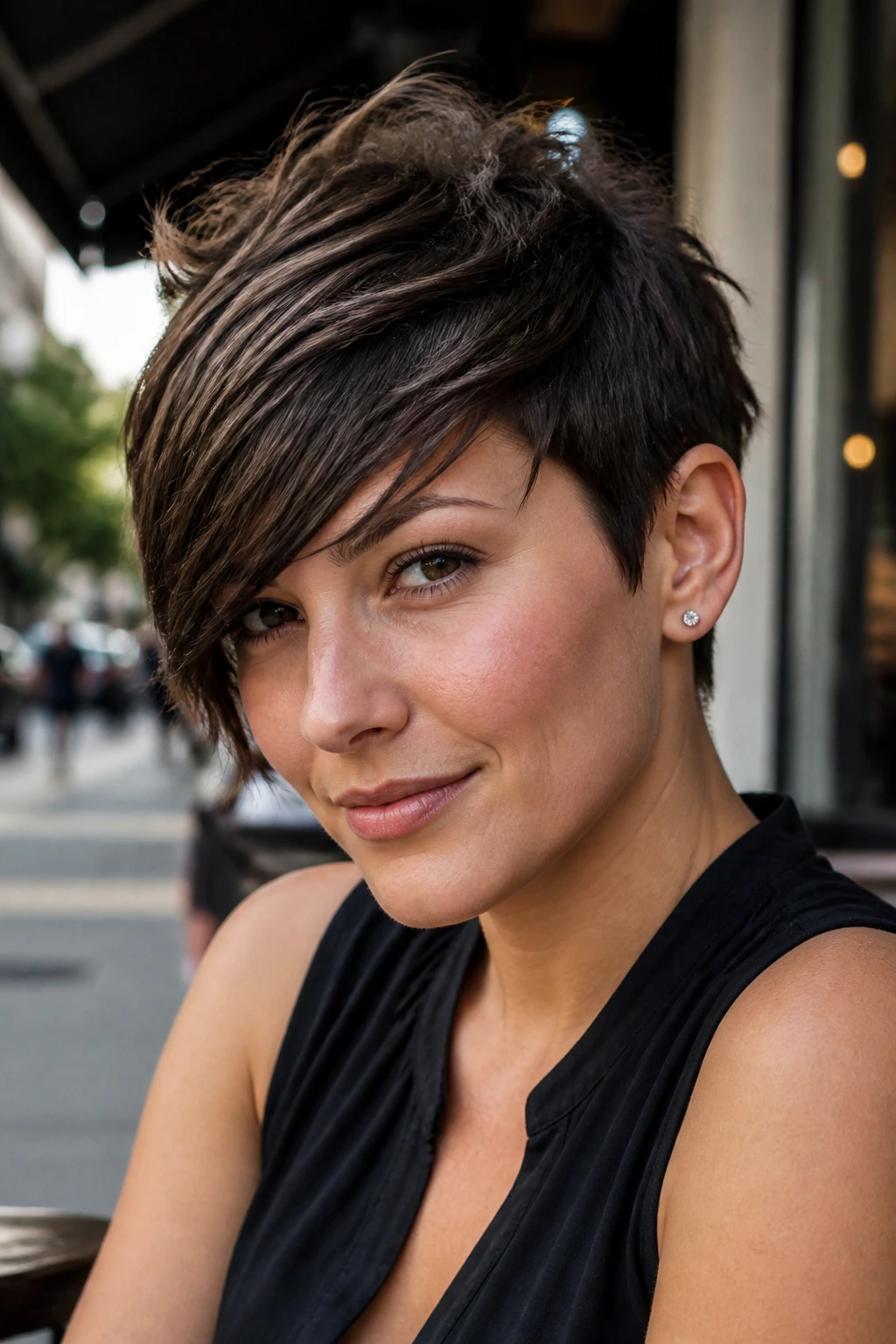 Portrait of a real woman with a short textured crop and side fringe