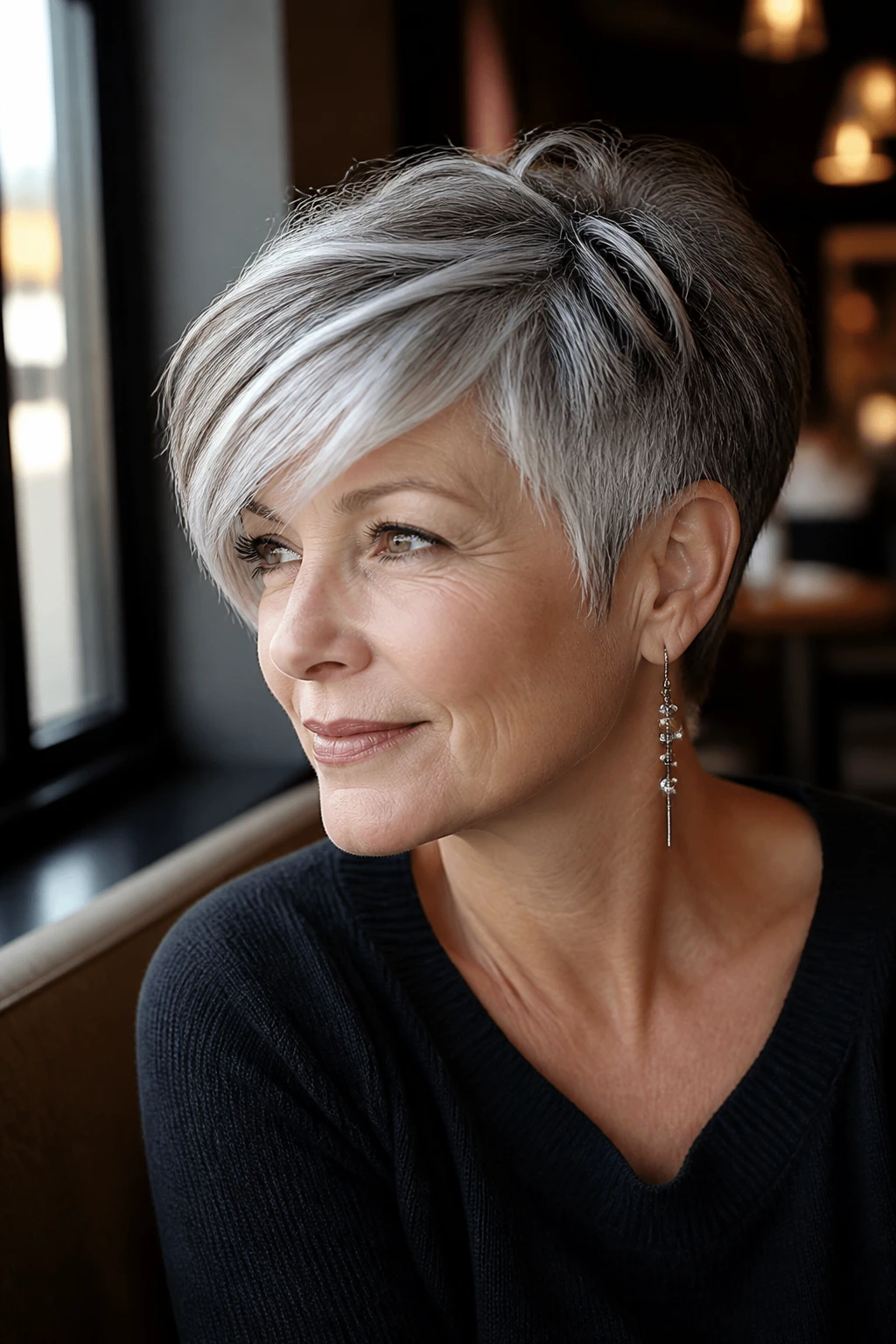 Close-up of a real woman with a textured crop and side-swept bangs, silver highlights