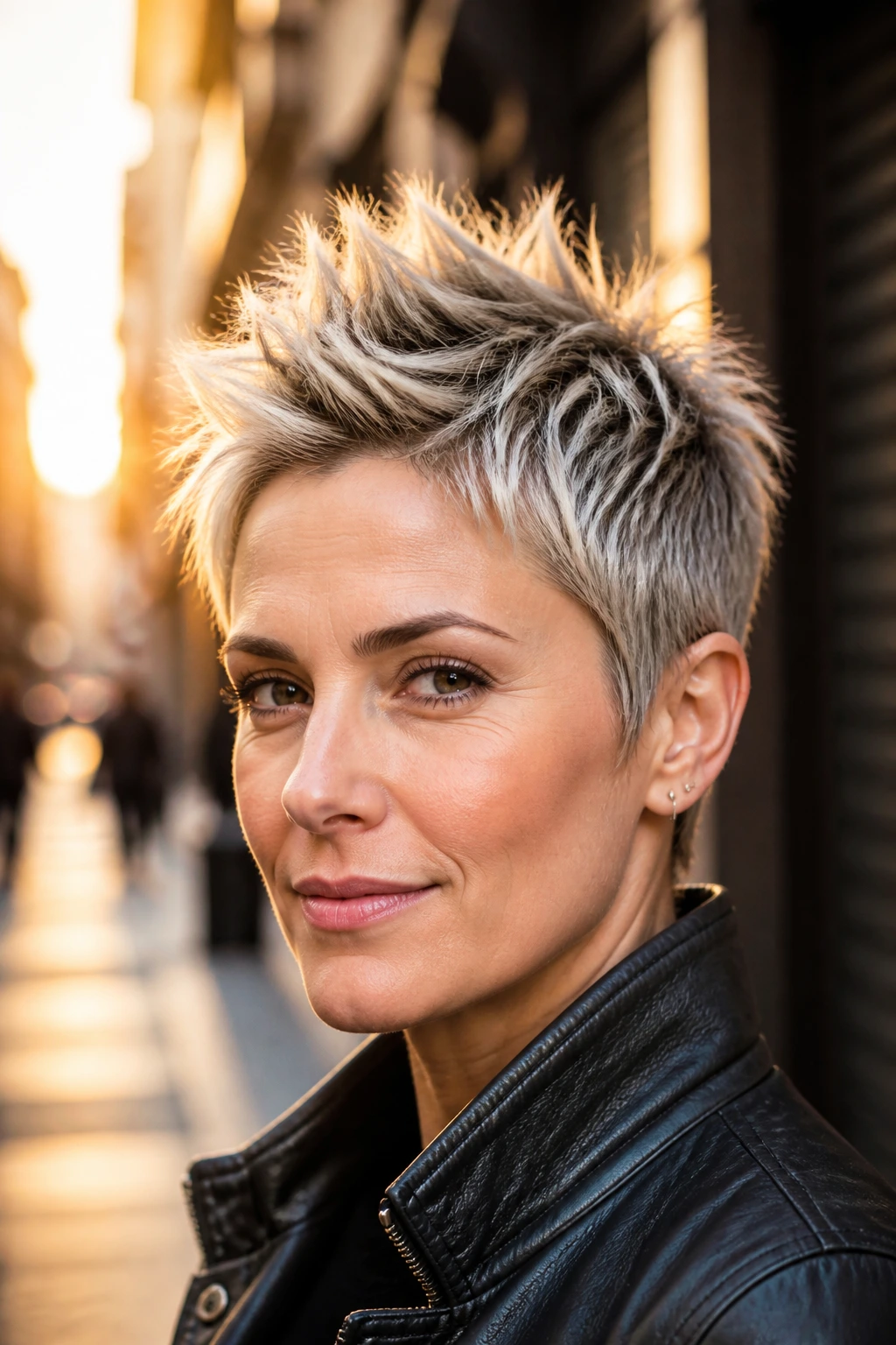 Portrait of real person with deeply textured crop and spiky finish in warm daylight