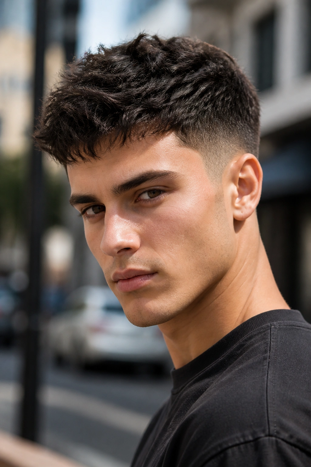 Portrait of a person with a textured cropped hairstyle and tapered sides.