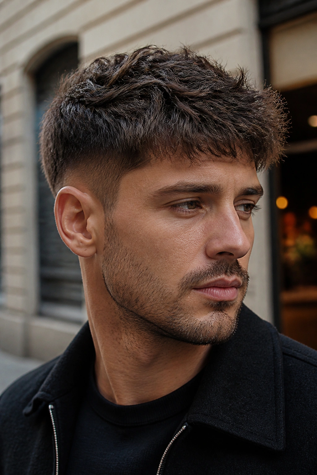 Medium close-up of a man with thick textured crop in an urban setting
