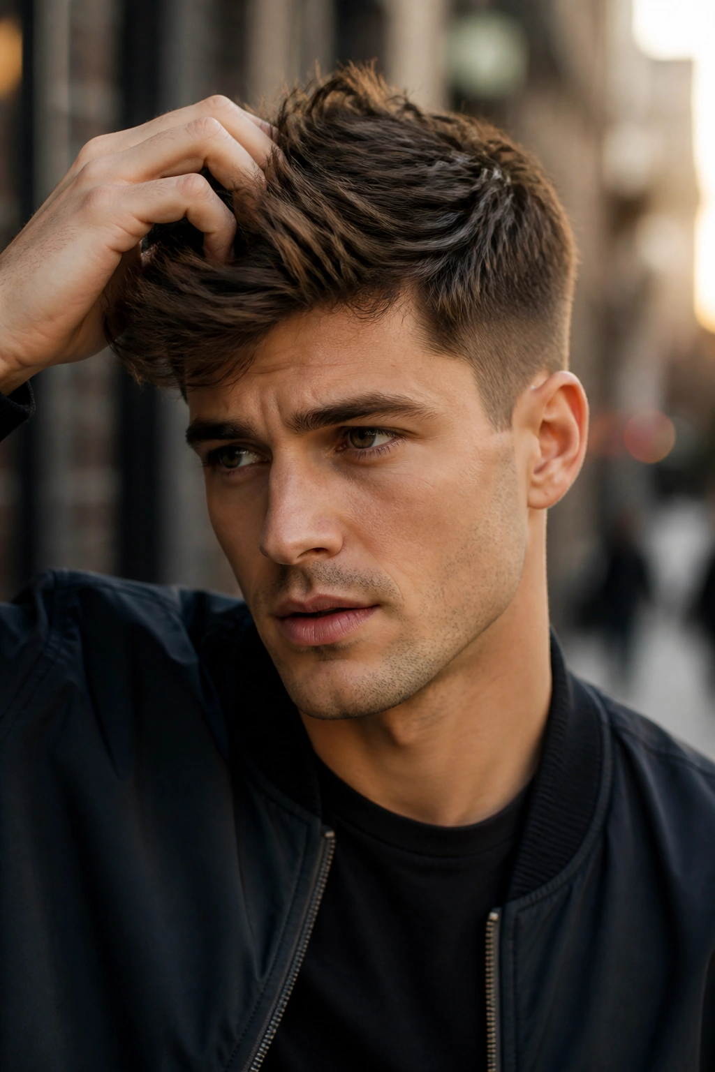 Close-up of a real person with textured crop and longer top in an urban morning setting