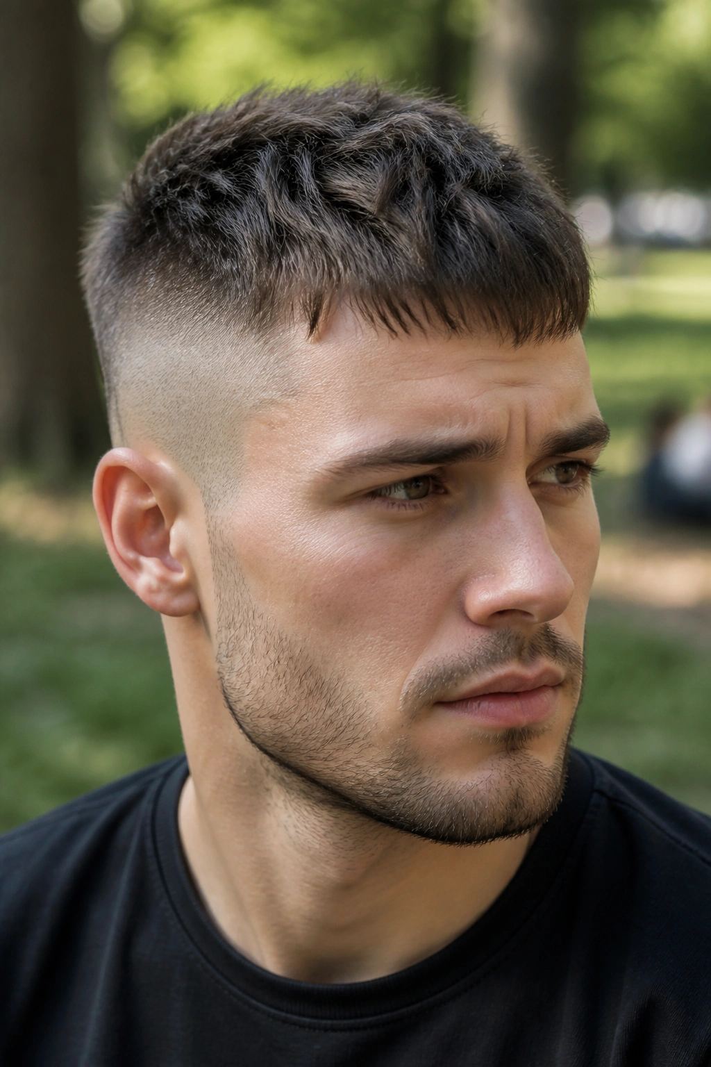 Portrait of a person with textured crop undercut showing chopped top