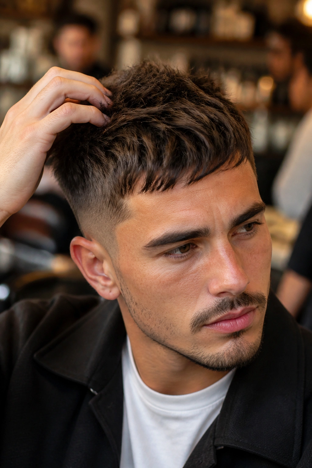 Close-up portrait of a man with a textured crop undercut showing choppy top texture