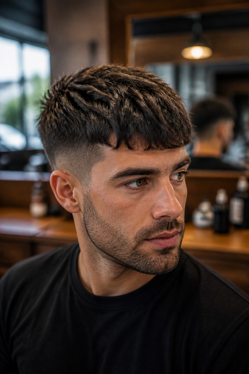 Close-up portrait of a man with a textured crop undercut, choppy top, short sides in a barbershop.
