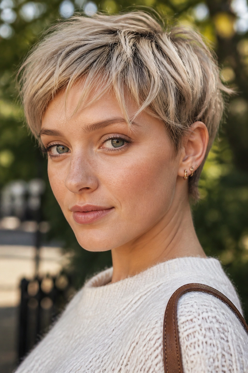 Portrait of a real woman with textured crop and wispy bangs