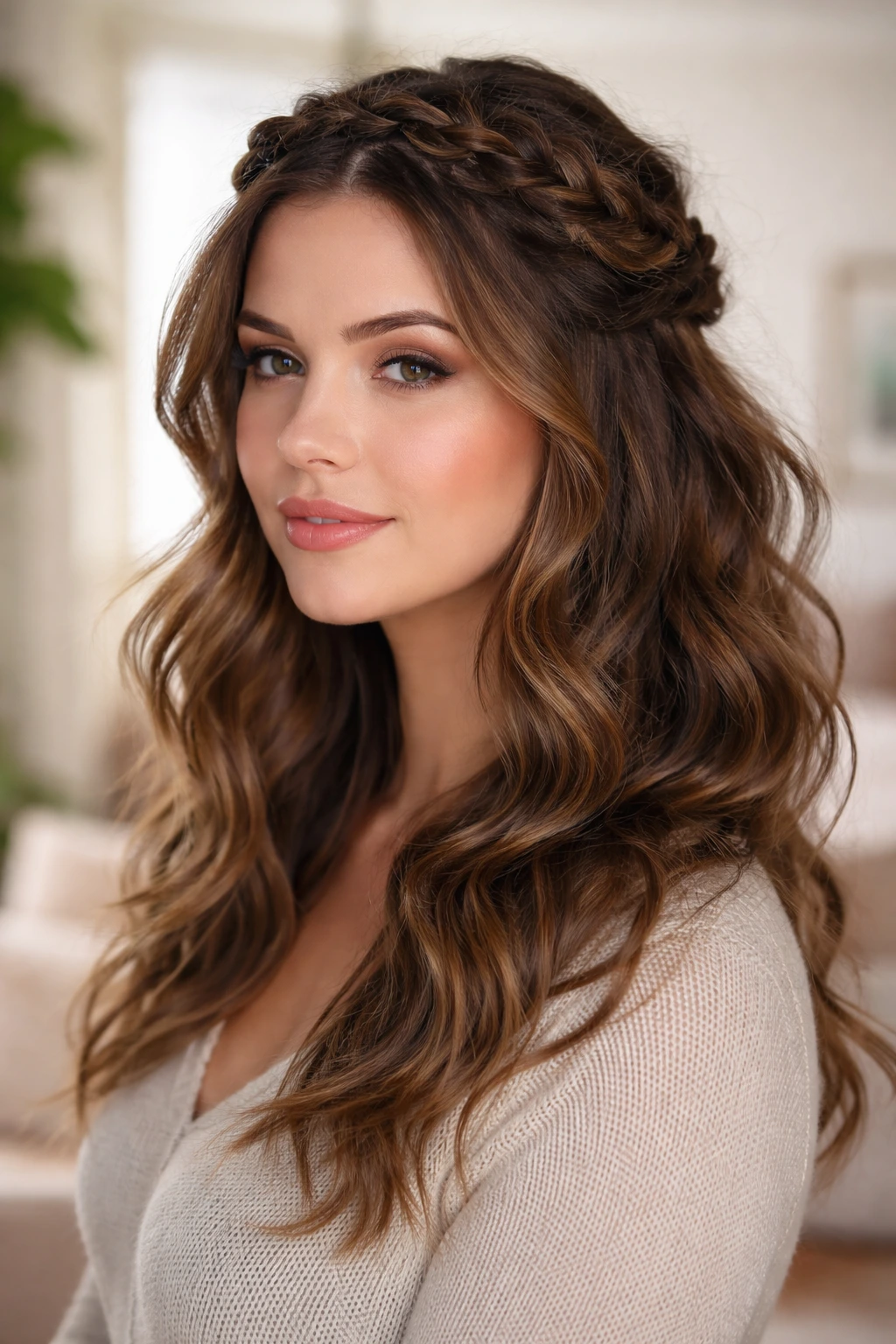 Close-up of a woman with a textured crown braid and natural waves
