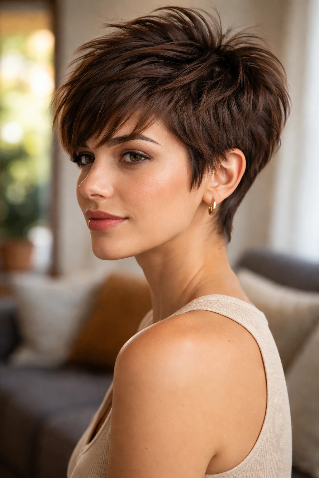 Close-up of brunette with short crown layers creating vertical volume