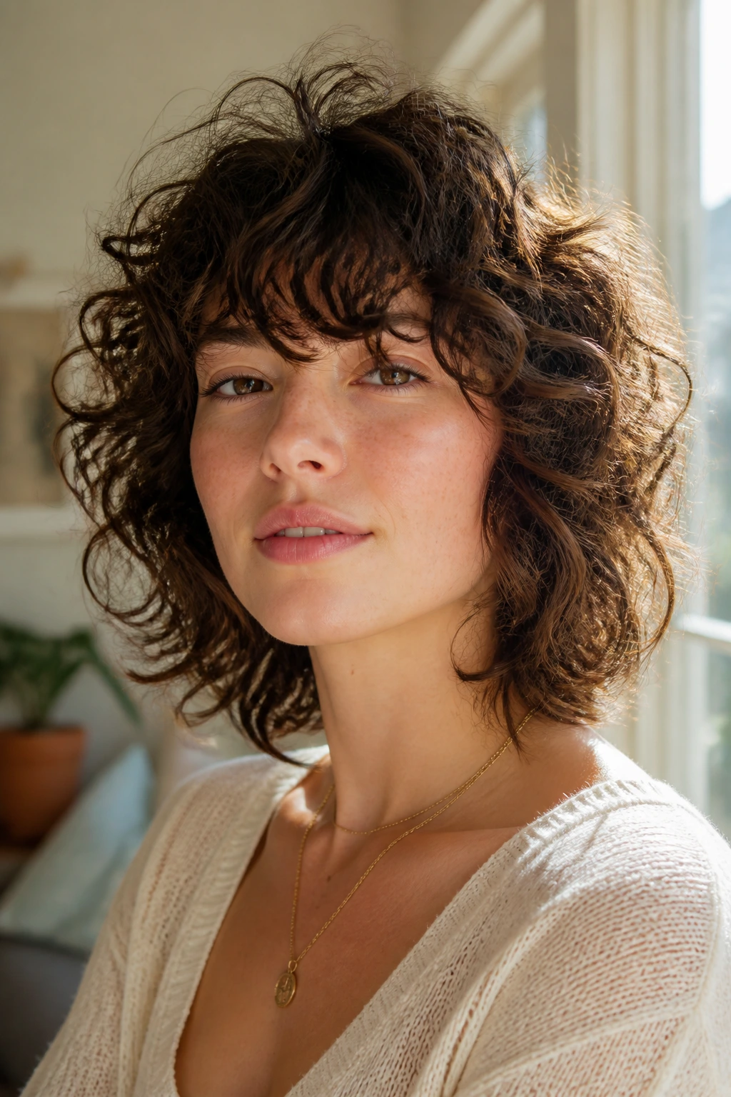 Close-up of a real woman with a textured curly shag hairstyle showing layered curls and crown lift