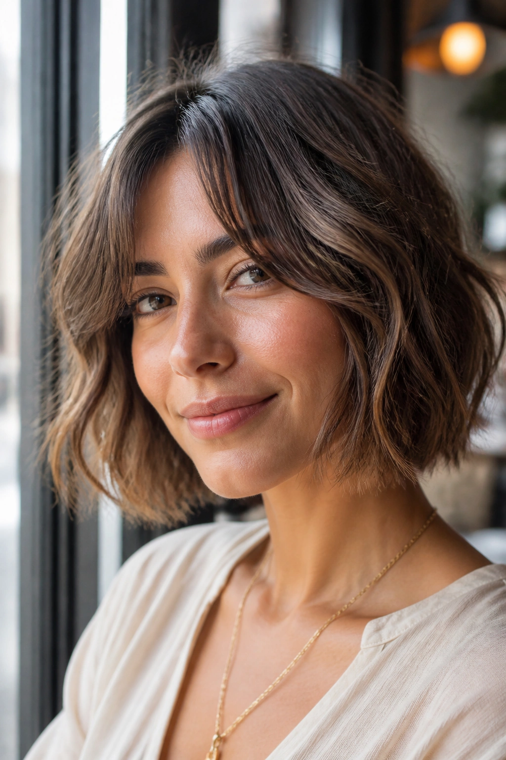Portrait of a real woman with textured bob and curtain bangs