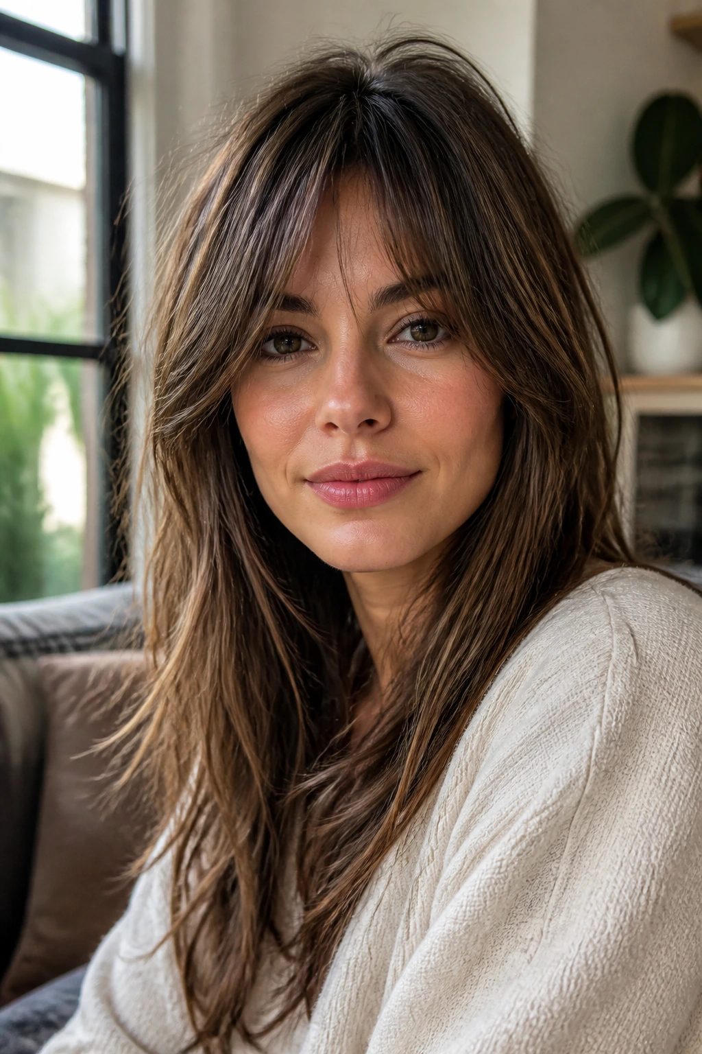 Real woman with textured curtain bangs in casual living room setting