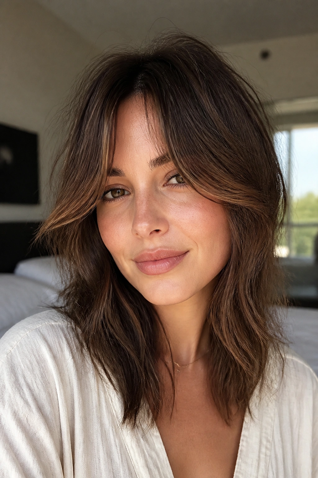 Close-up of a woman with textured curtain shag fringe framing cheeks under natural window light