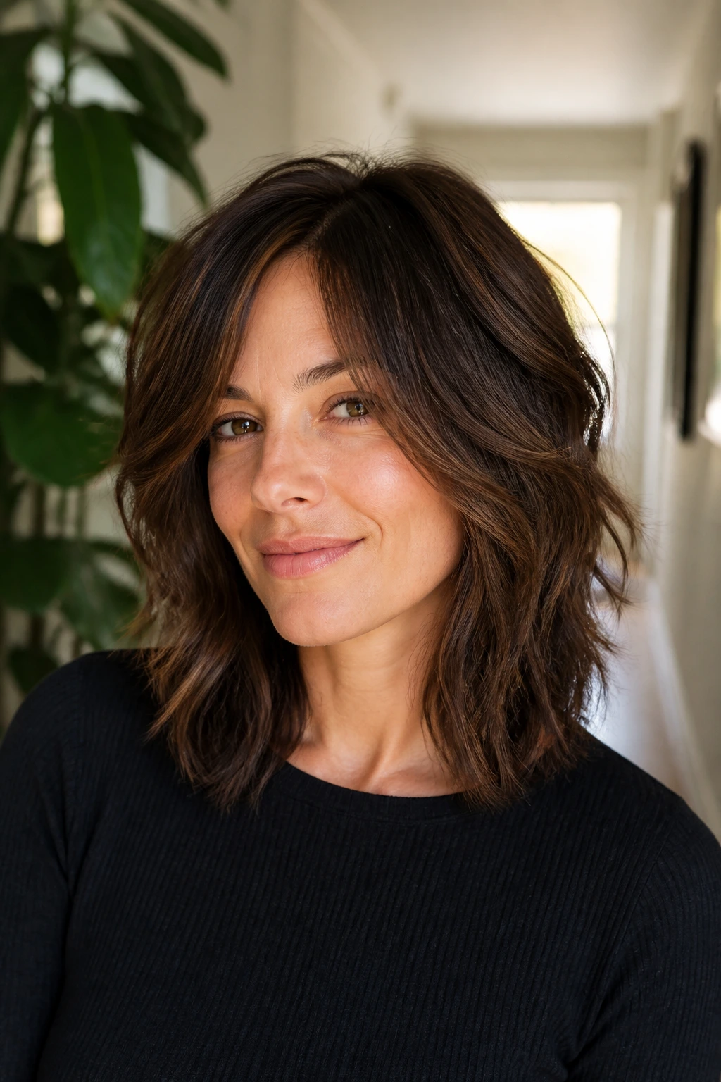 Close-up of a real woman with a low-maintenance textured cut that grows out gracefully.